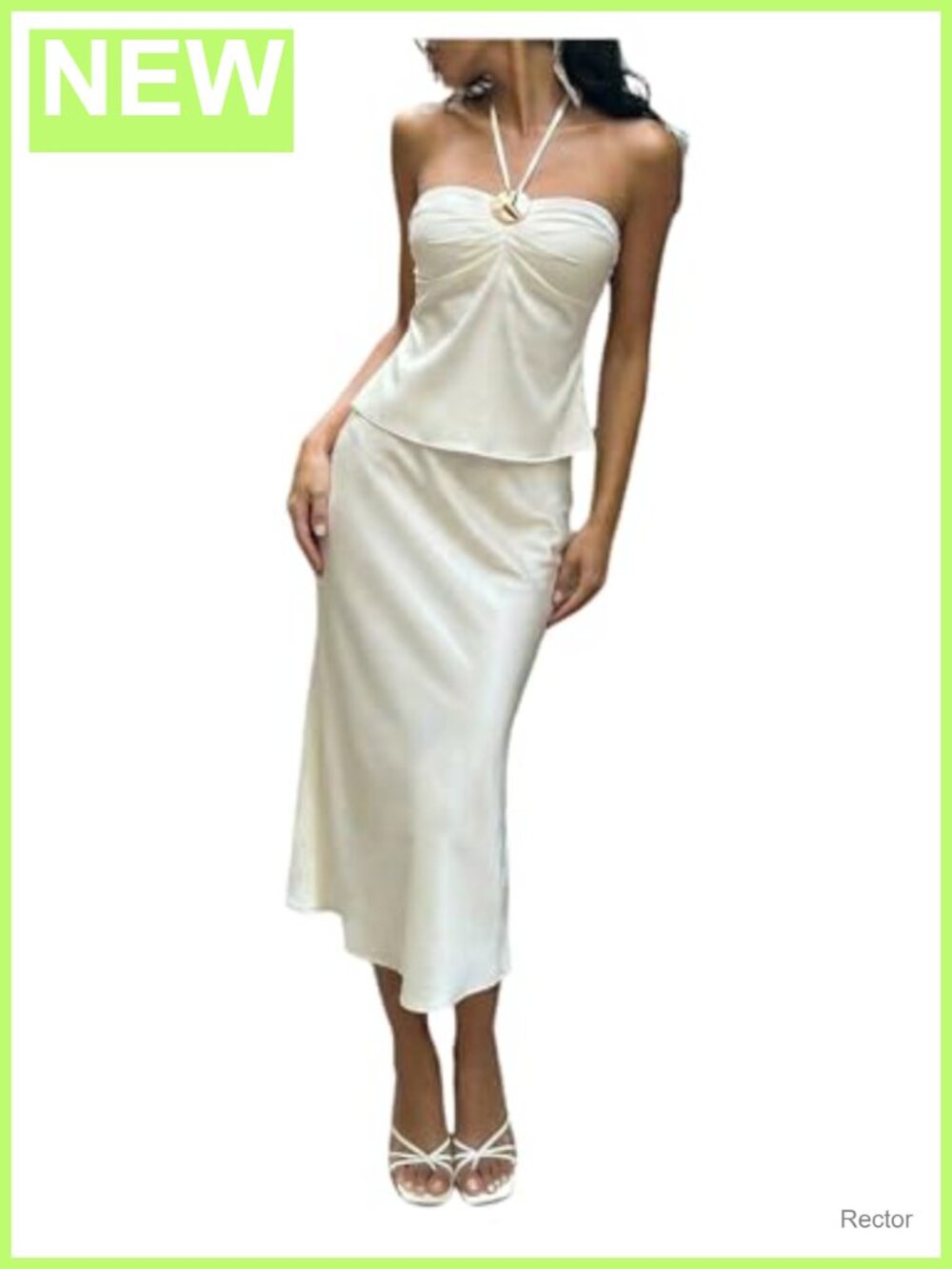 Satin Halter Top & Bodycon Midi Skirt Set 2 Piece Sleeveless Tie Back